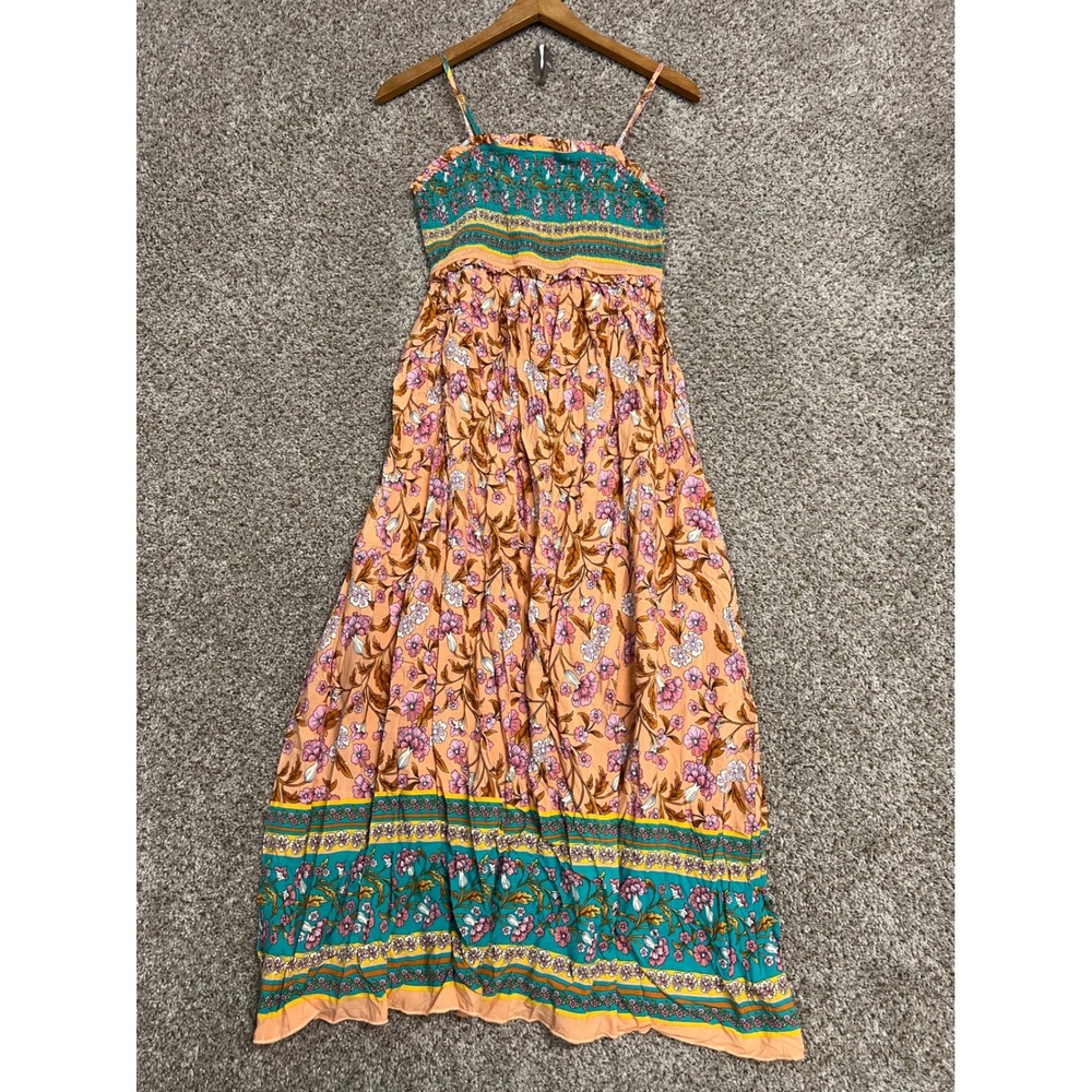 Cupshe Women Floral Smocked Maxi Dress Peach Teal Boho Summer Sleeveless Medium